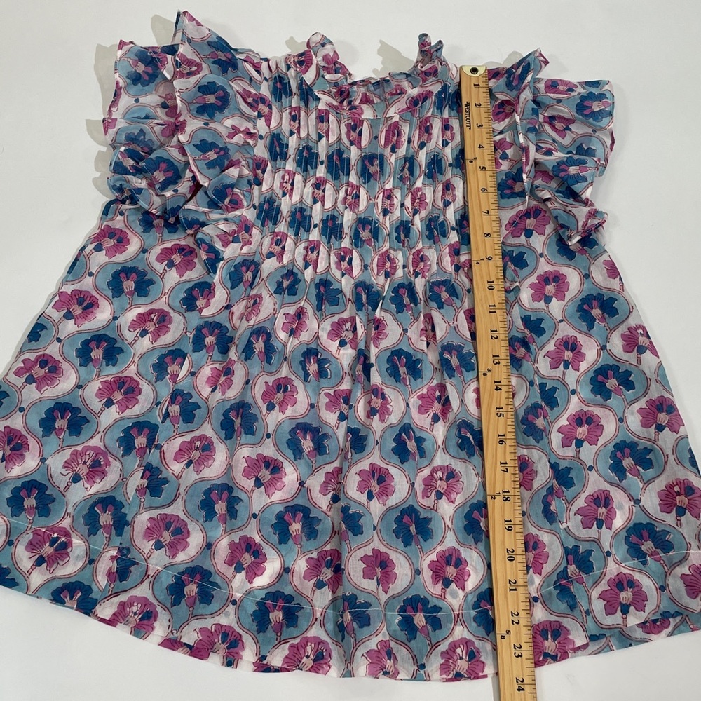 Oliphant Pintuck Ruffle Top Blouse XS 100% Cotton Pink Blue Print EUC - Picture 9 of 12